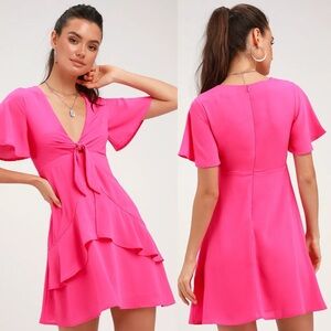 Lulu’s Jewell Fuchsia Pink Tie-Front Ruffled Skater Dress